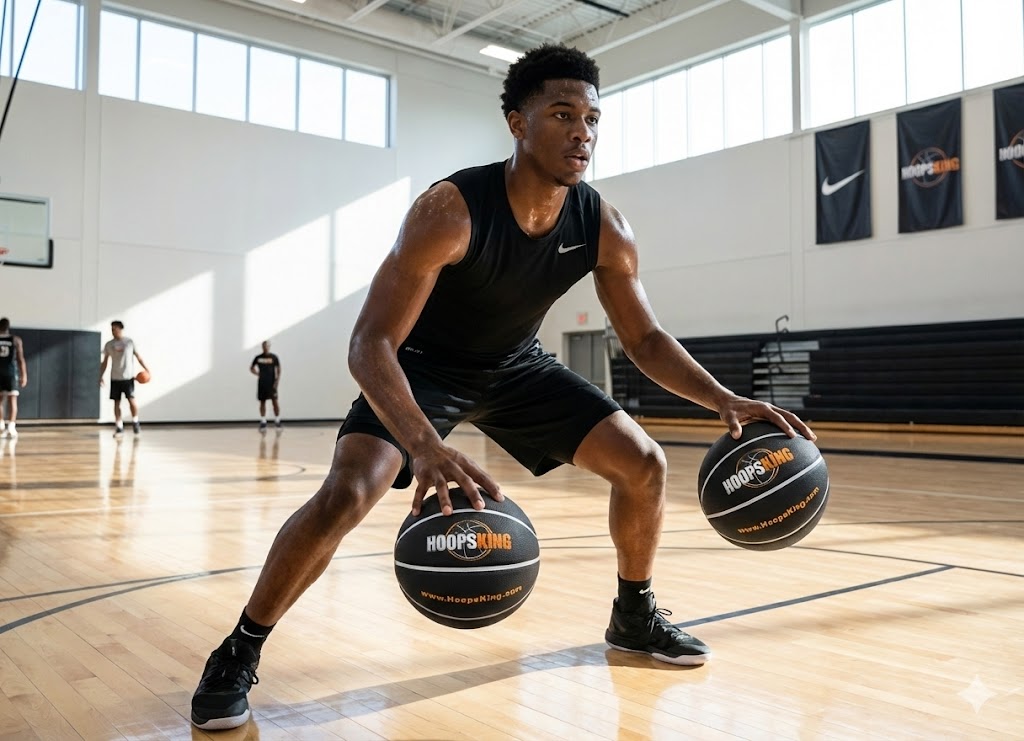Man dribbling two basketballs from hoops king
