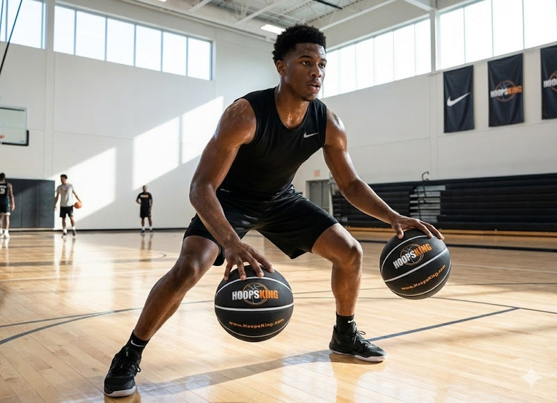 Man dribbling two basketballs from hoops king