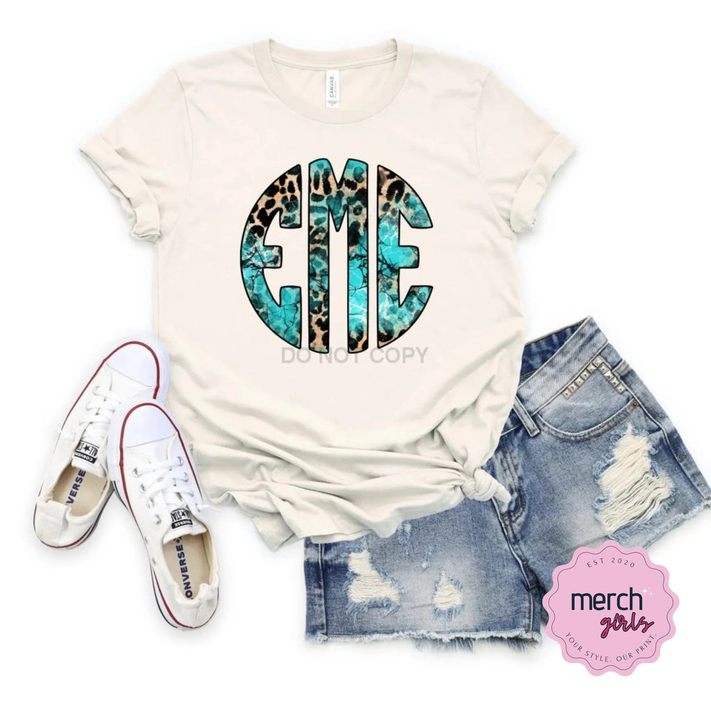 Turquoise Leopard Monogram Graphic Tee- Natural Shirt