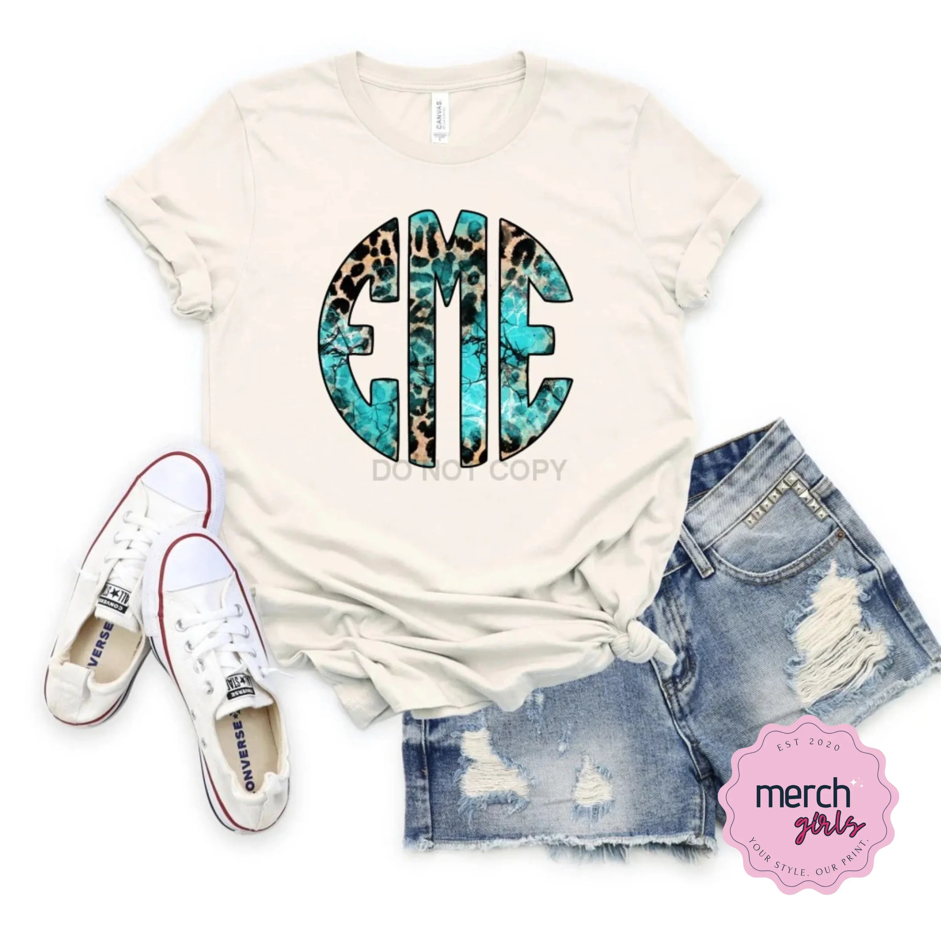 Turquoise Leopard Monogram Graphic Tee- Natural Shirt