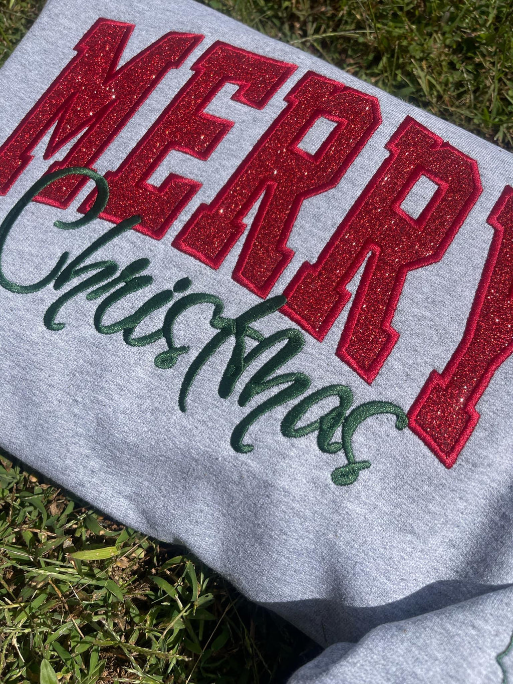 Merry Christmas Glitter Applique w/ Icon and Optional Side Bows Embroidered Sweatshirt