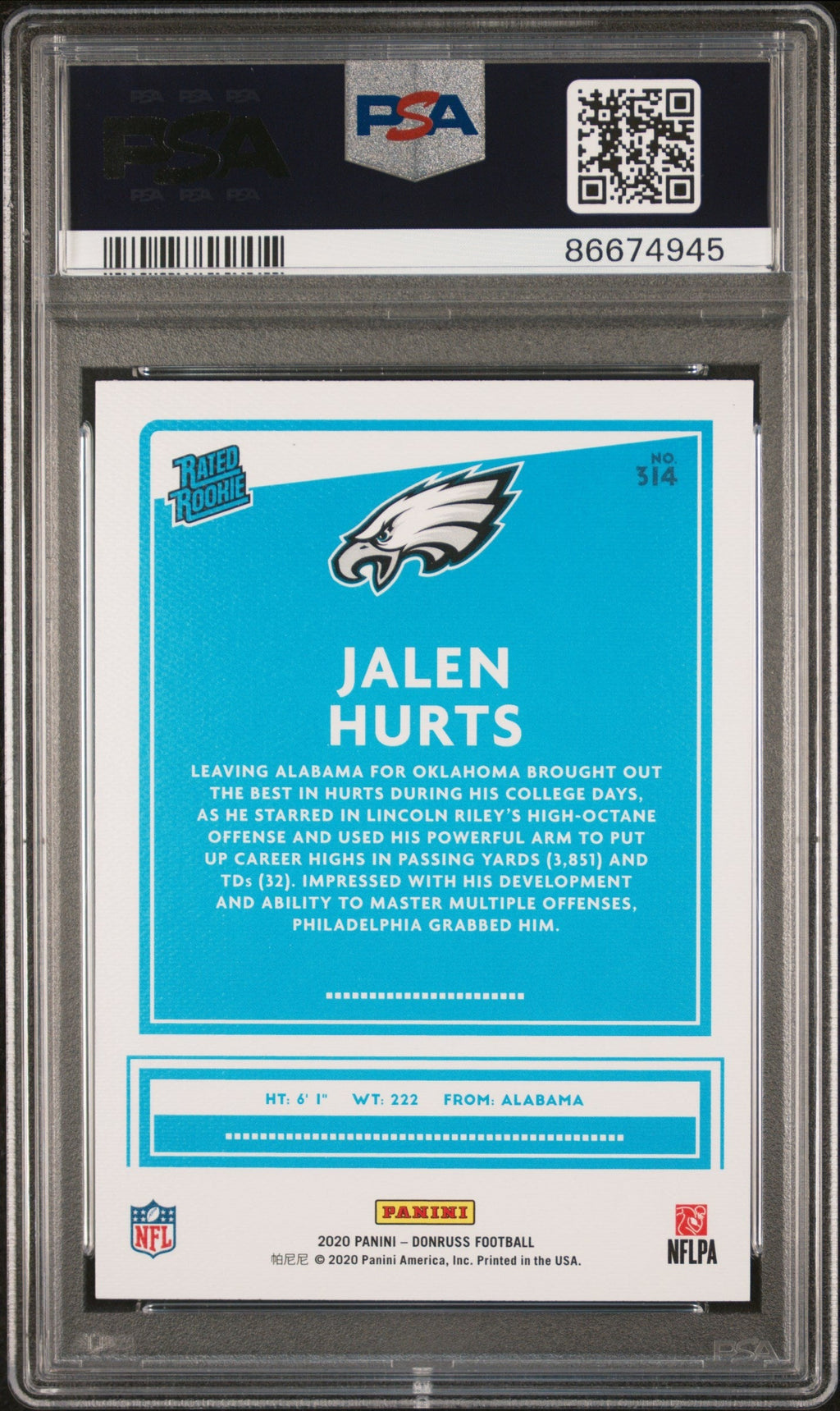 Graded 2020 Panini Donruss Jalen Hurts #314 Canvas Rookie RC Football Card PSA 9 Mint