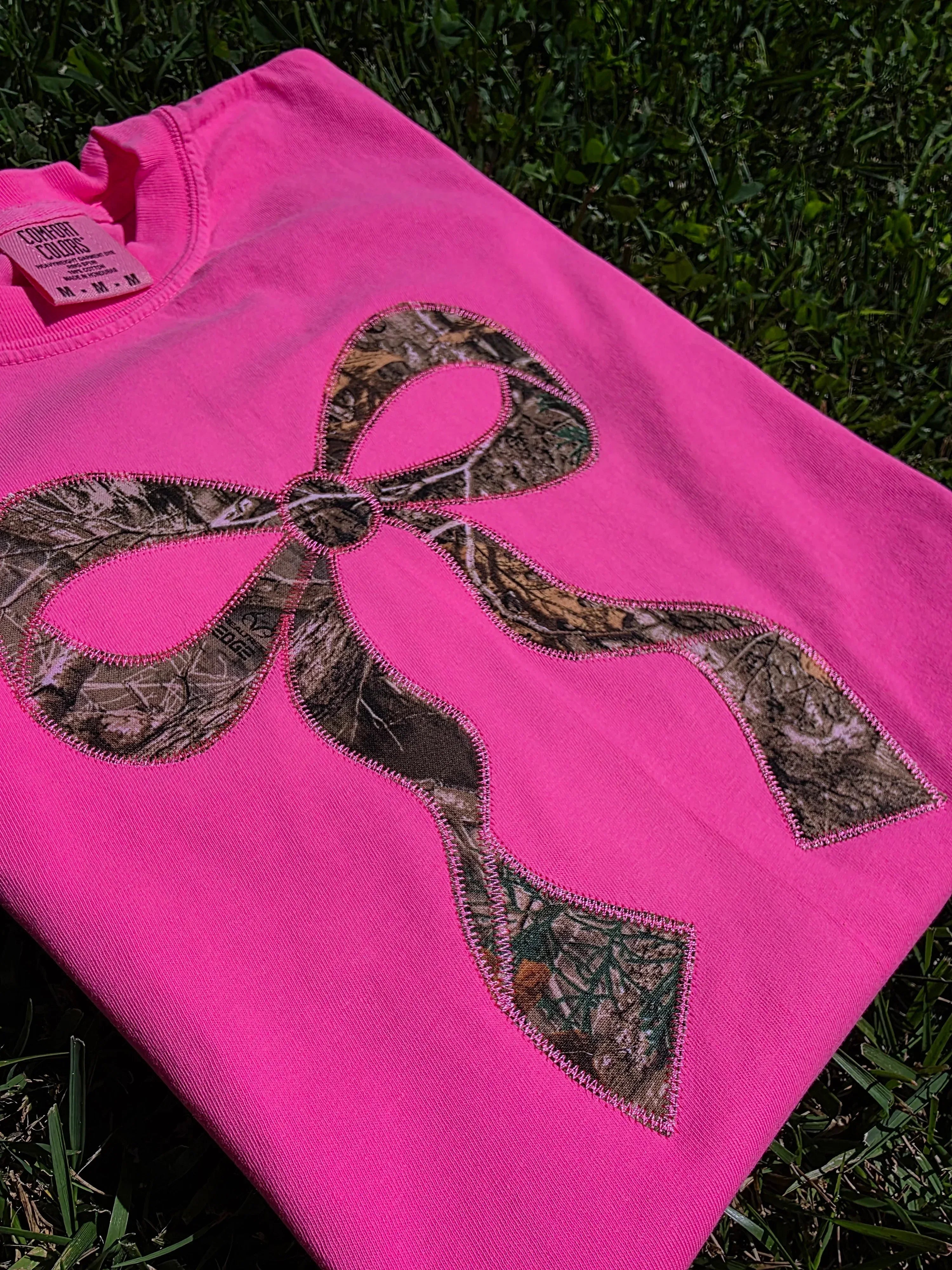 Realtree Edge Camouflage Applique Bow Preppy Embroidered Neon Comfort Color Short Sleeve Shirt