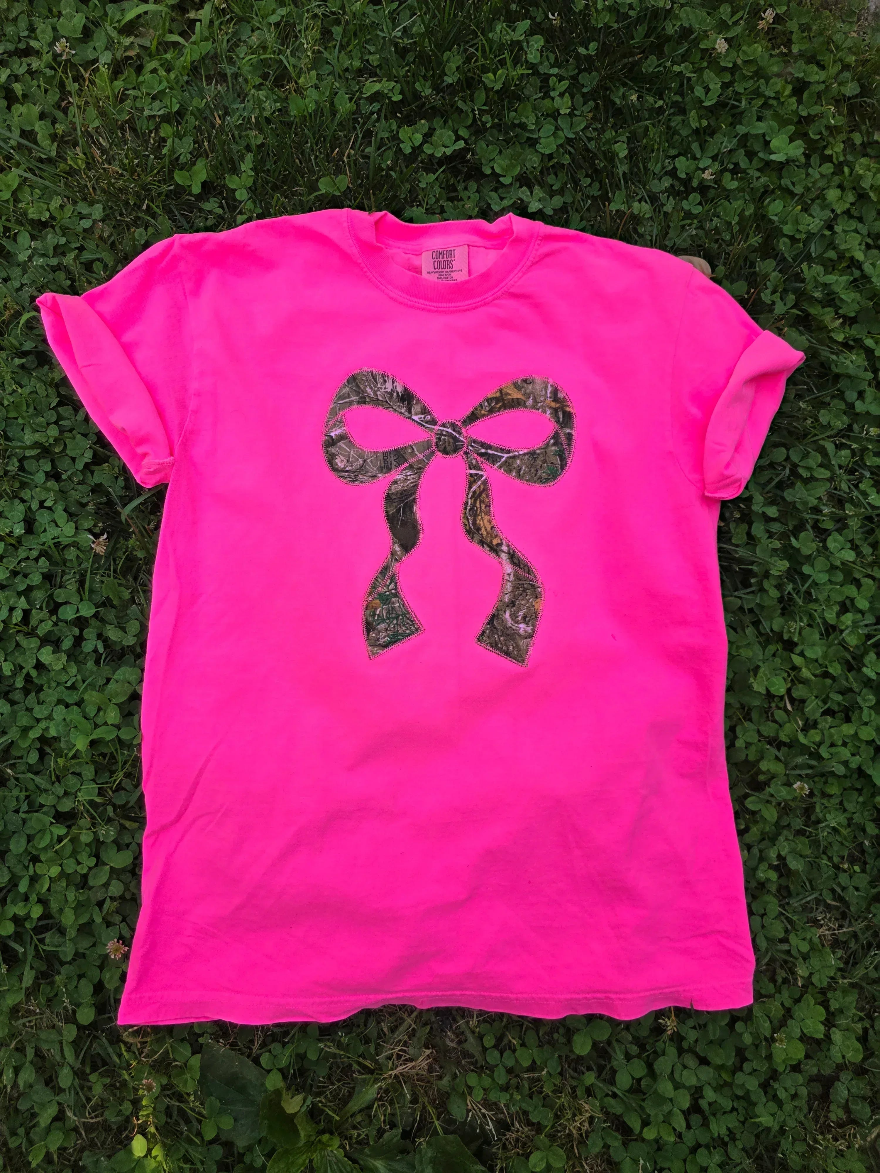 Realtree Edge Camouflage Applique Bow Preppy Embroidered Neon Comfort Color Short Sleeve Shirt
