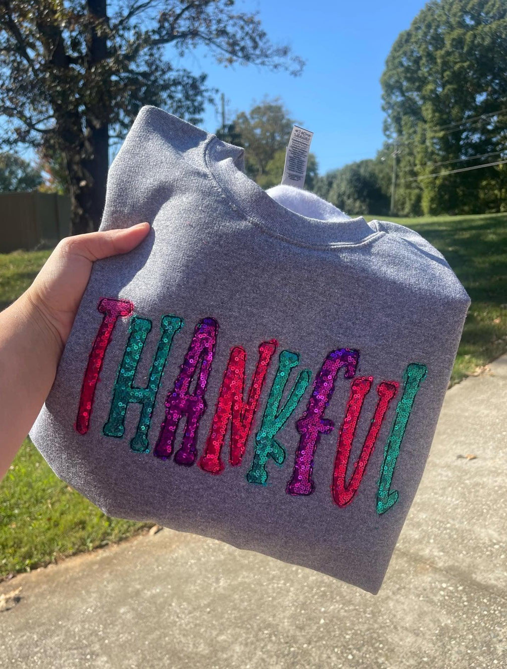 Thankful Colorful Sequin Applique Embroidered Shirt