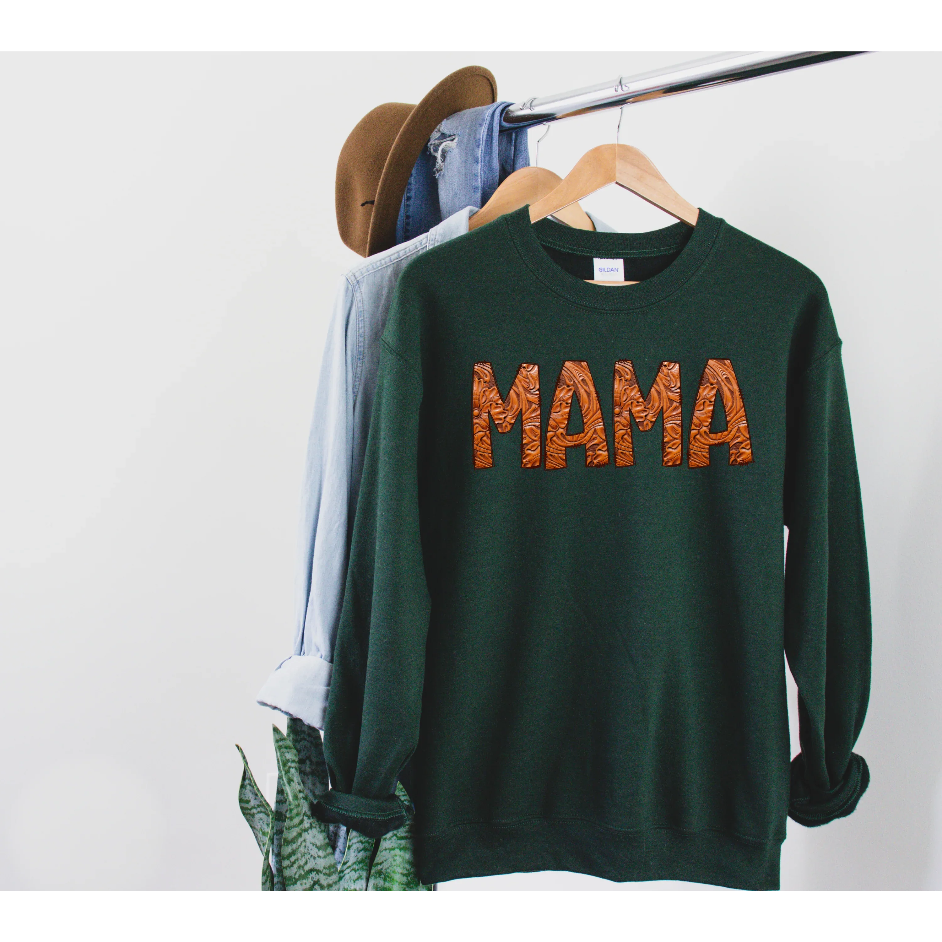 MAMA Western Faux Decorative Embossed Leather Graphic Tee