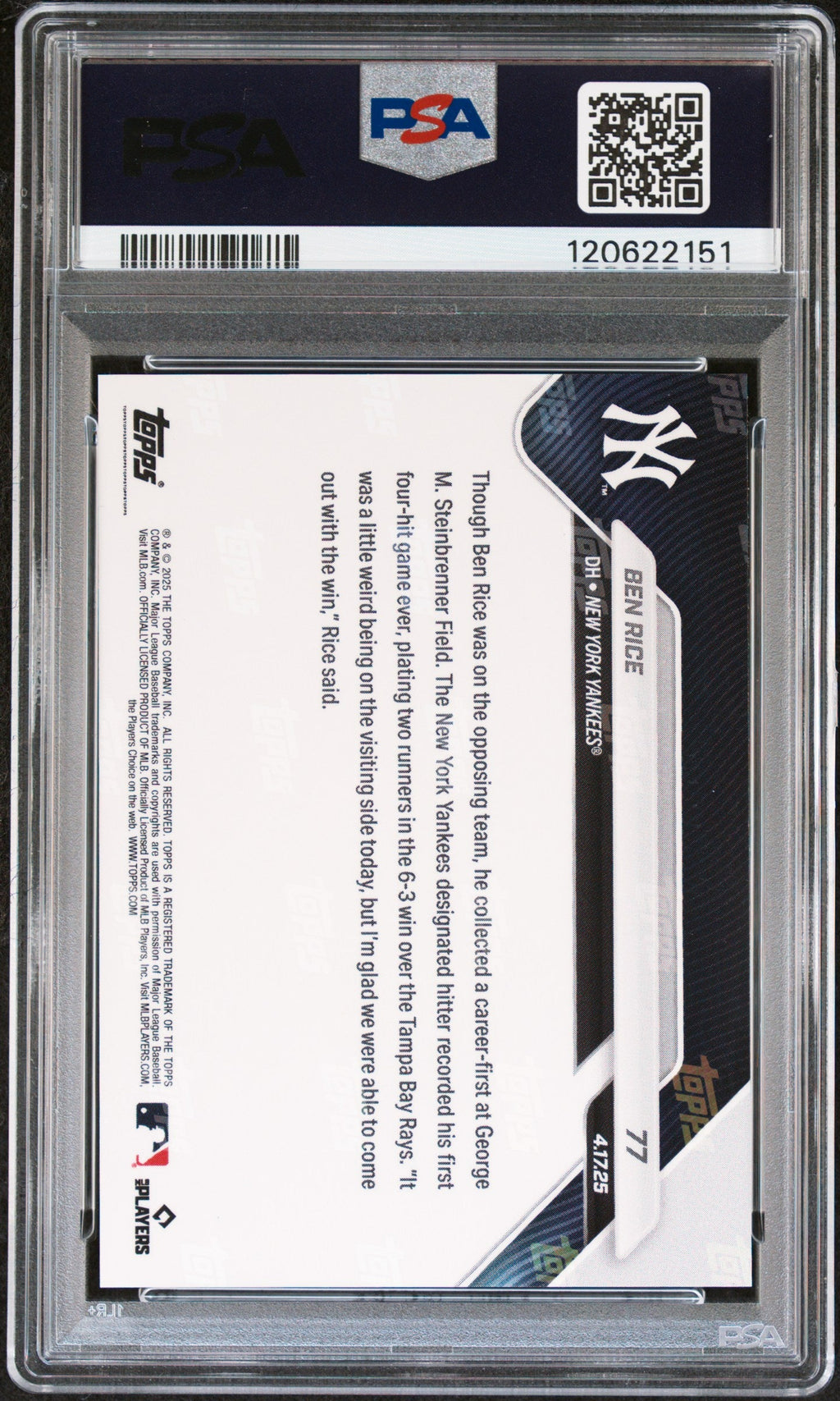 Graded 2025 Topps Now Ben Rice #77 Rookie RC Baseball Card PSA 10 Gem Mint
