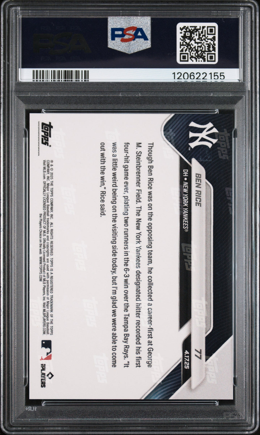 Graded 2025 Topps Now Ben Rice #77 Rookie RC Baseball Card PSA 9 Mint