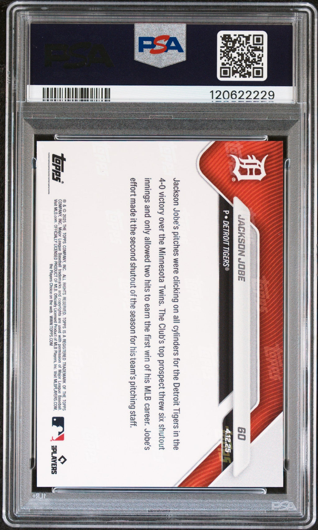 Graded 2025 Topps Now Jackson Jobe #60 Rookie RC Baseball Card PSA 9 Mint
