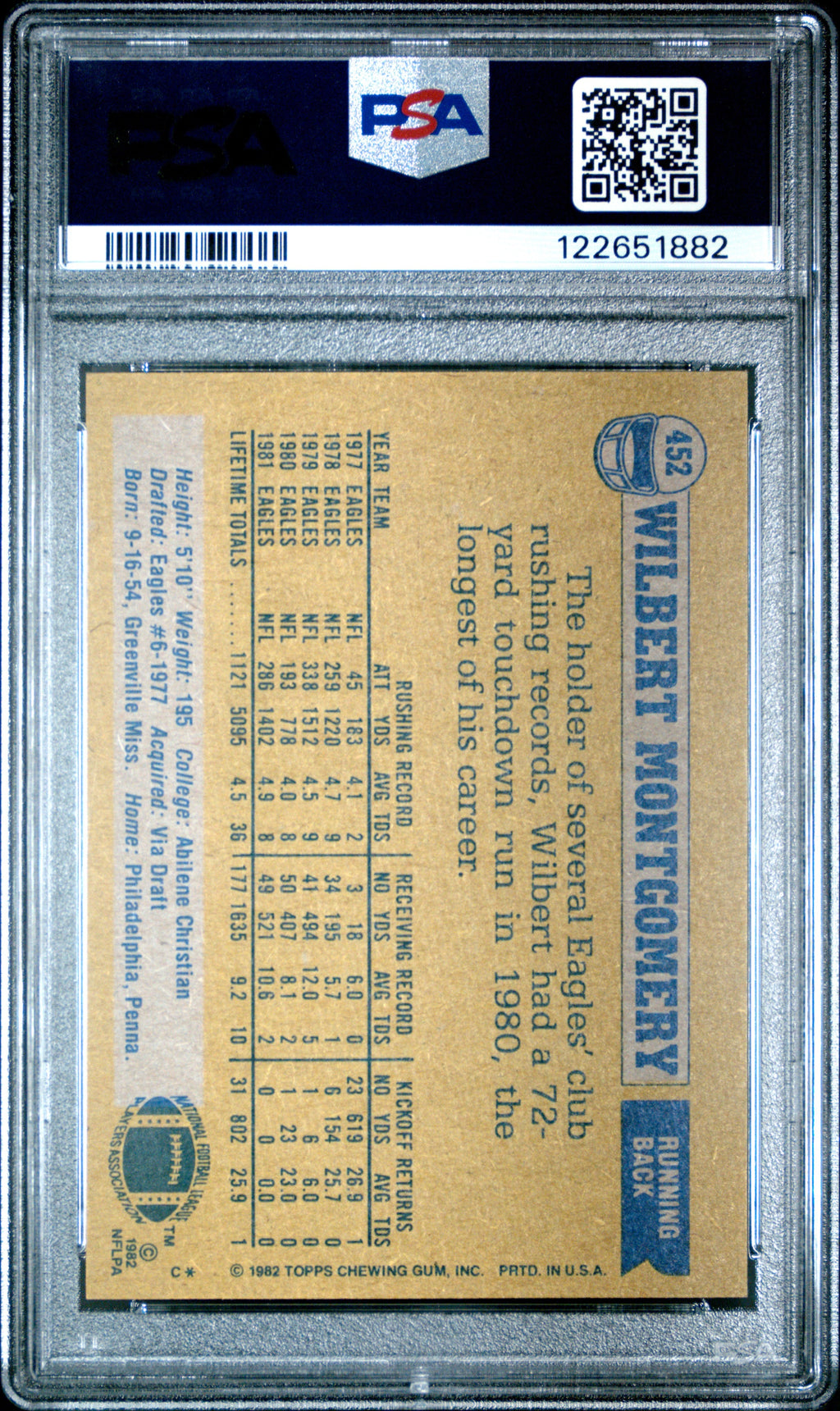 Graded 1982 Topps Wilbert Montgomery #452 Football Card PSA 7 Near Mint