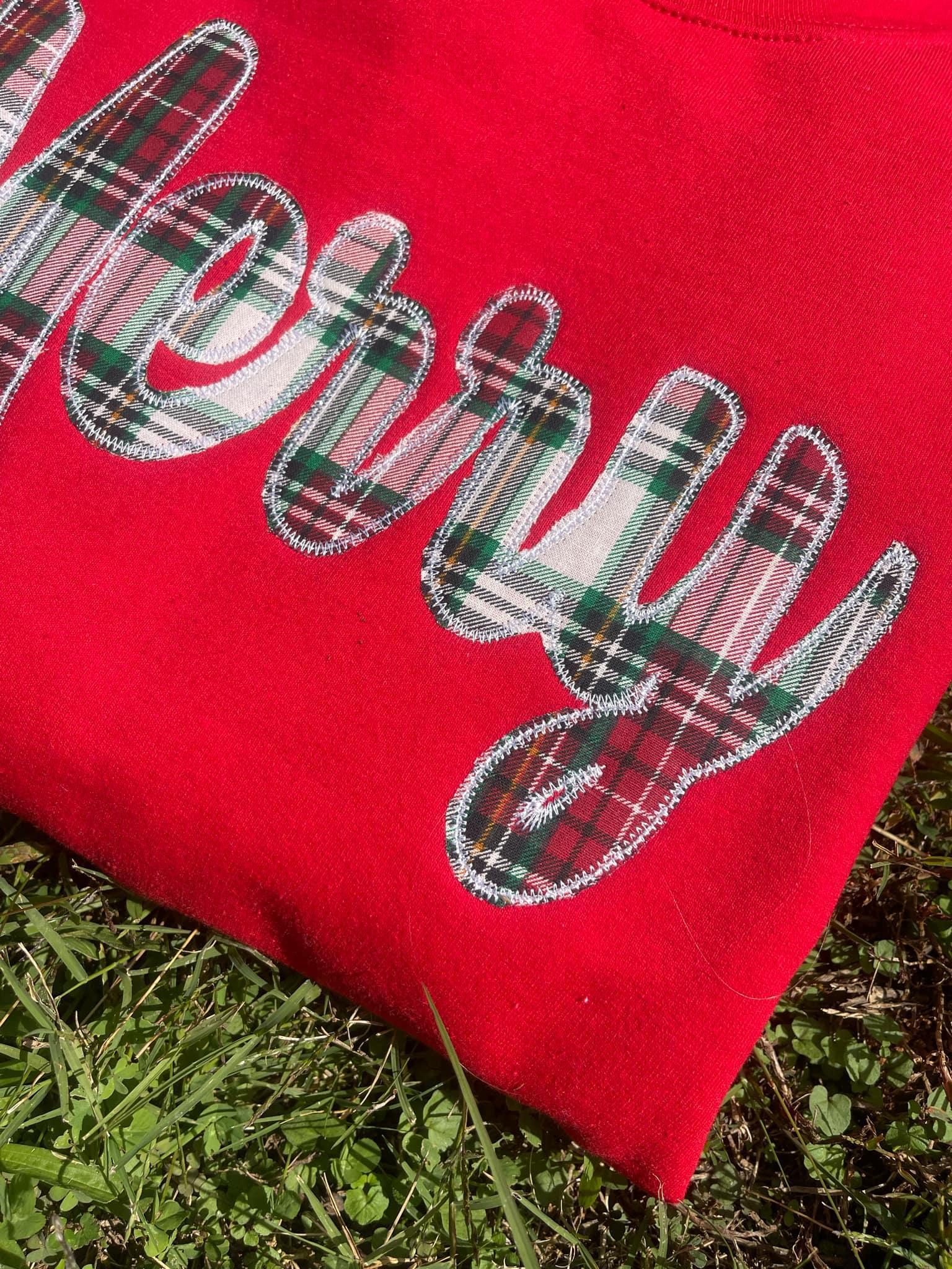 Merry Plaid Fabric Applique with Optional Side Bows Christmas Holiday Embroidered Sweatshirt