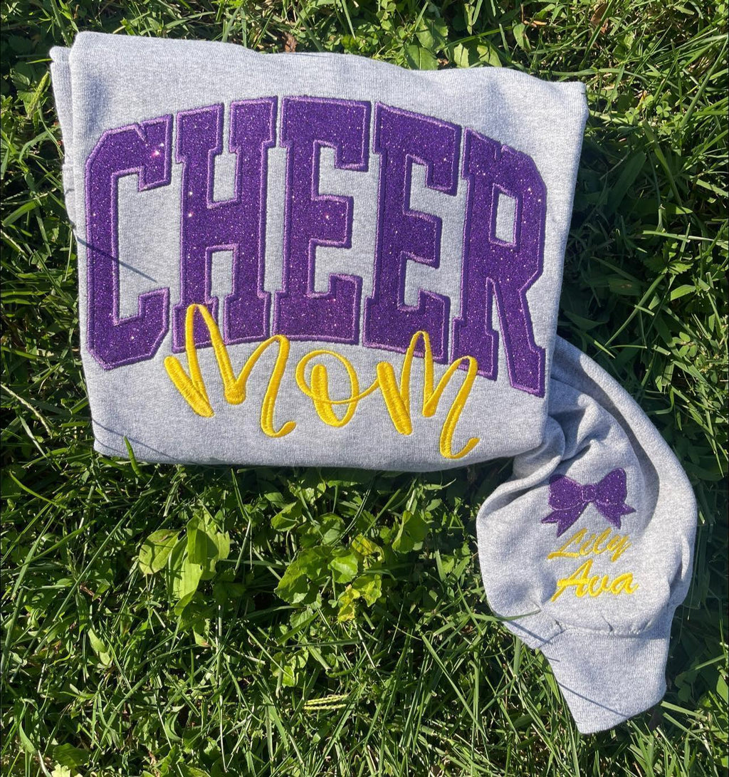 Cheer Mom Varsity Glitter Applique with Name and Icon on Sleeve Embroidered Tee