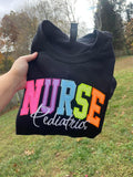 Varsity Multicolor Glitter Applique with Name and Icon on Sleeve Embroidered CC Short Sleeve or Sweatshirt