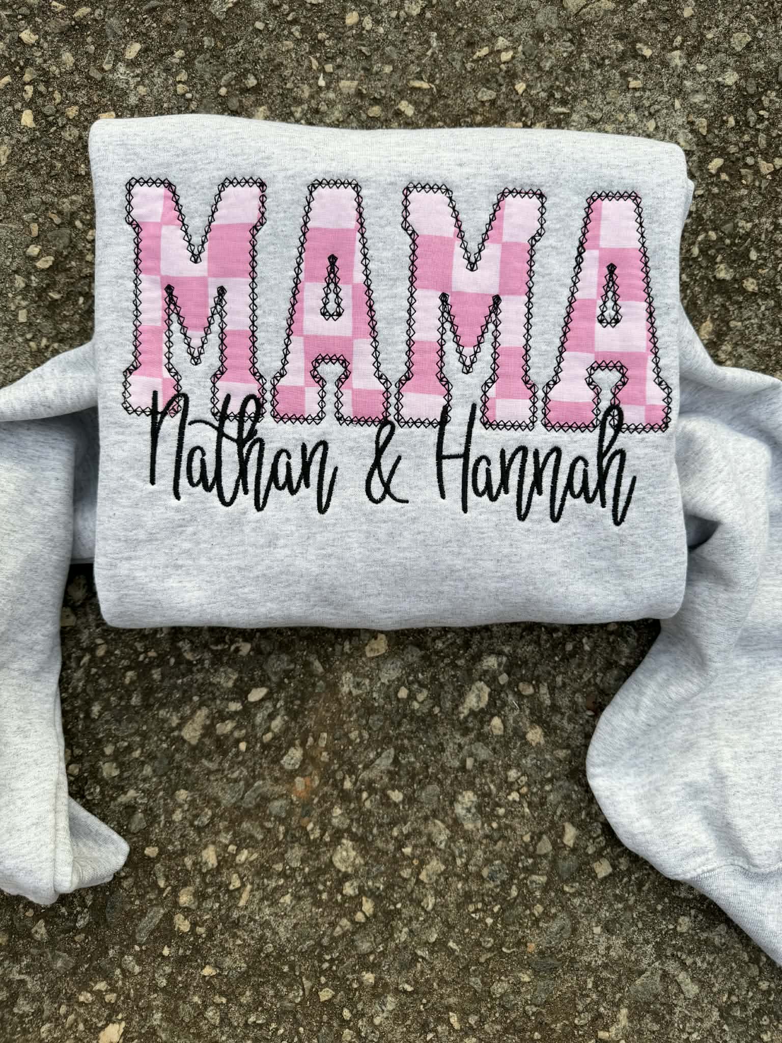 Custom Pink Checkered Diamond Edge Applique Embroidered Sweatshirt