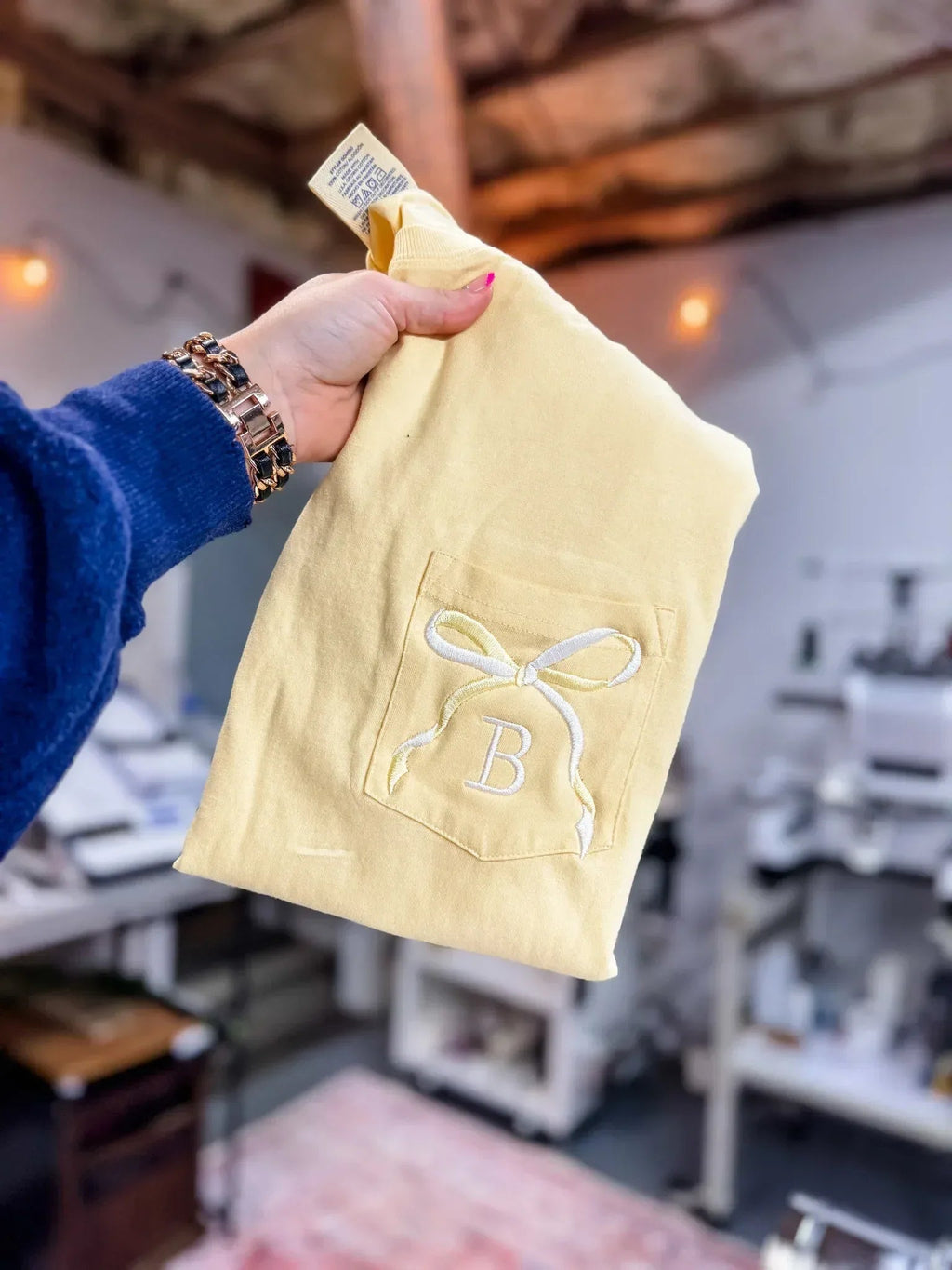 Two Tone Bow with Letter Embroidered Comfort Color Pocket Tee