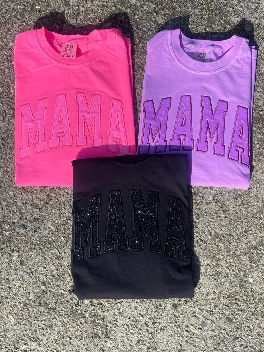Custom Mama Glitter Applique Embroidered Comfort Color Short Sleeve Shirt