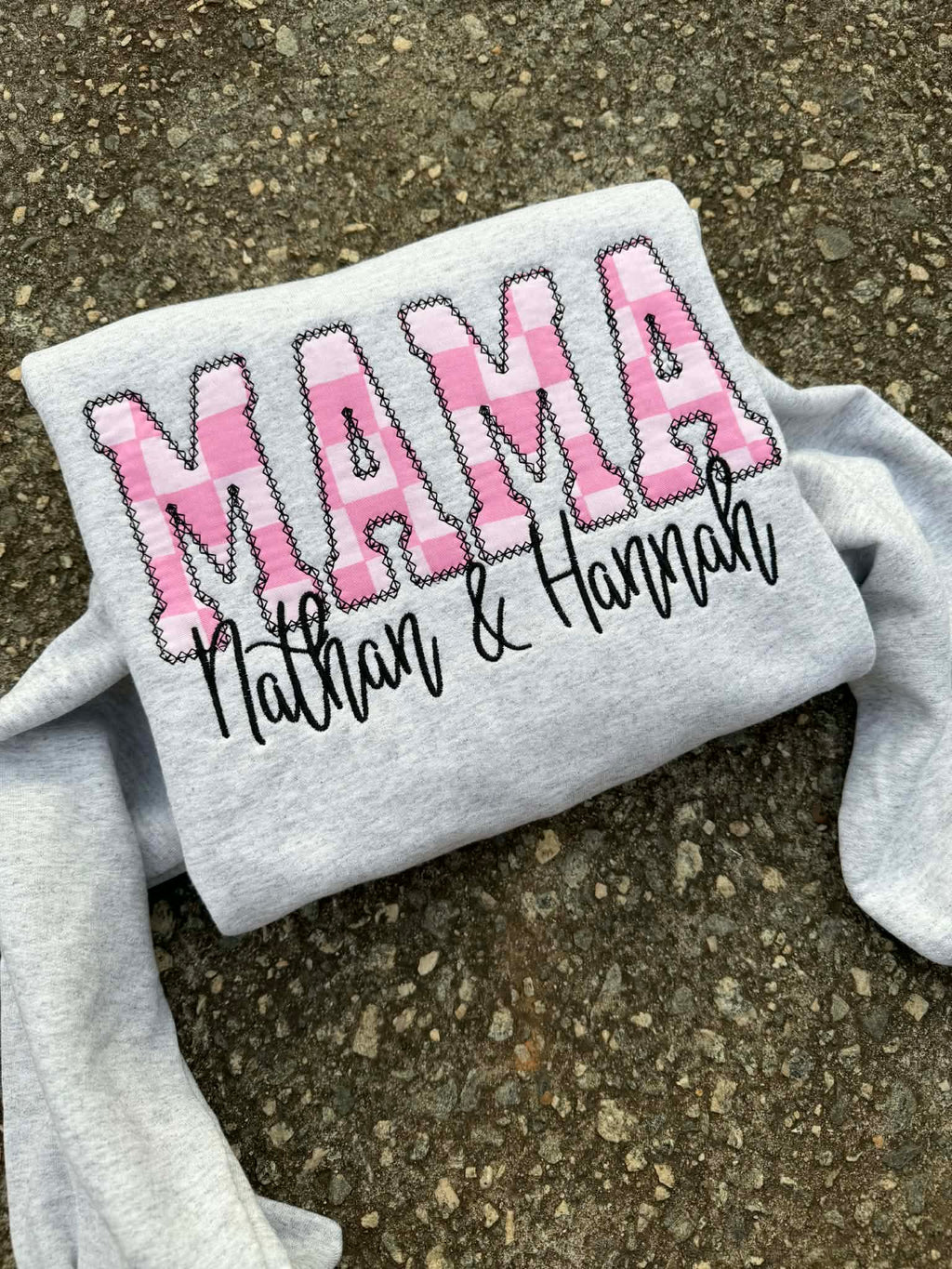 Custom Pink Checkered Diamond Edge Applique Embroidered Sweatshirt