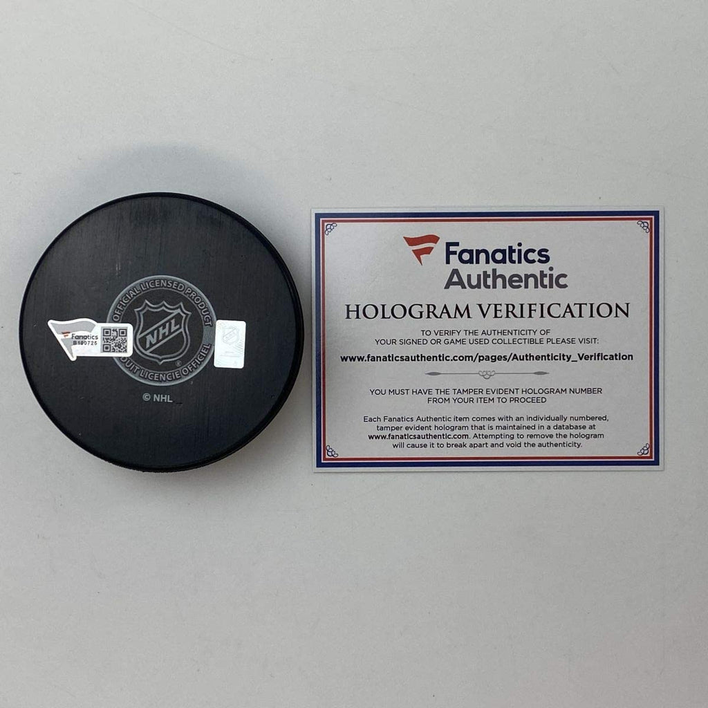Autographed/Signed Nathan MacKinnon Colorado Avalanches Logo Hockey Puck Fanatics COA