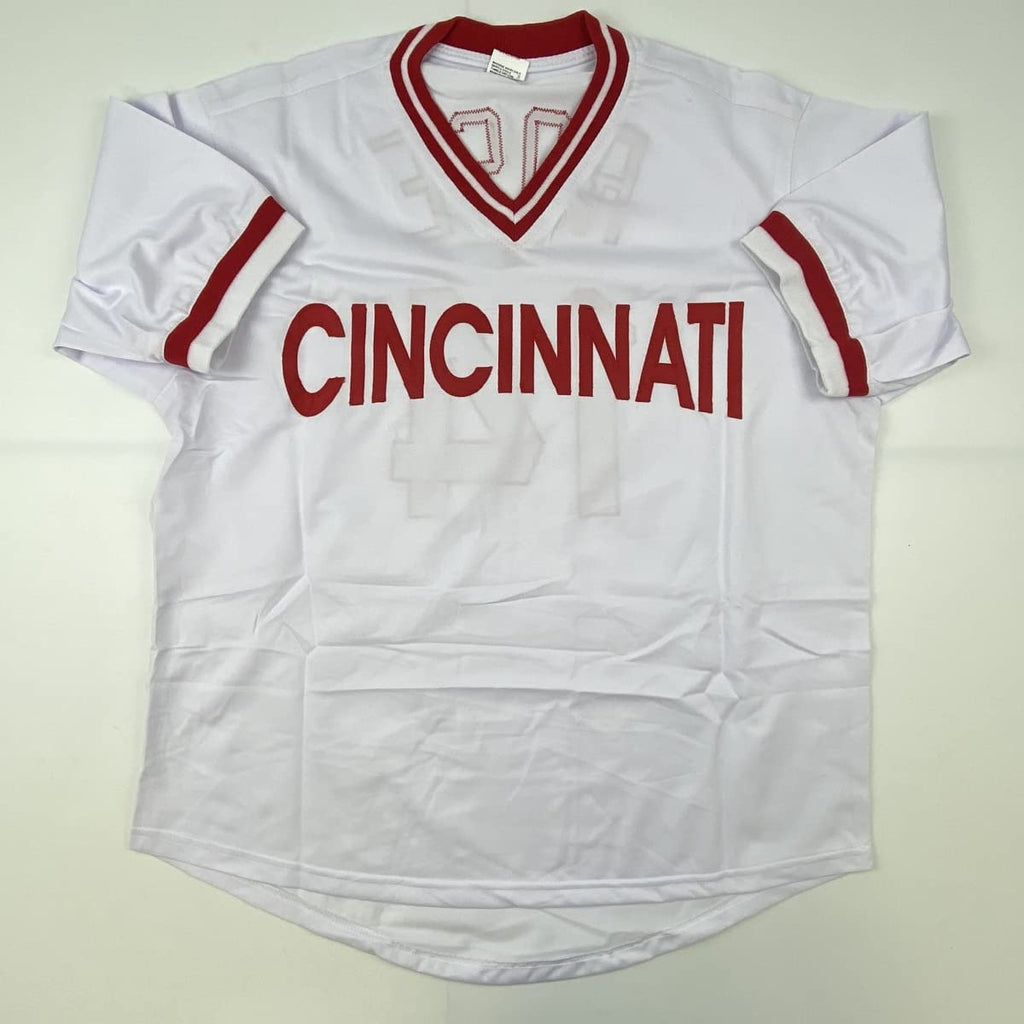 Autographed/Signed Pete Rose Cincinnati White Baseball Jersey Athlete Hologram COA Holo