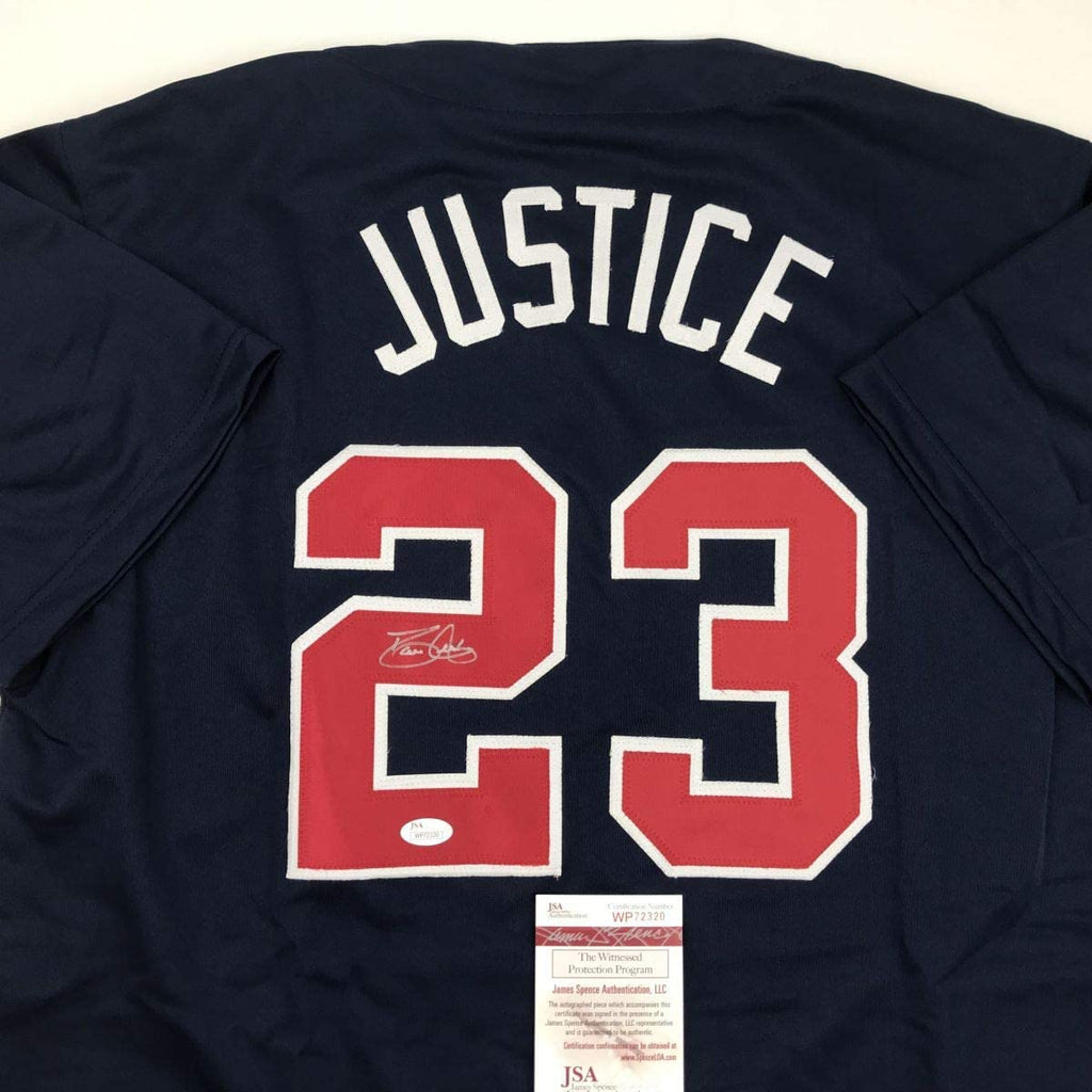 Autographed/Signed David Justice Atlanta Blue Baseball Jersey JSA COA
