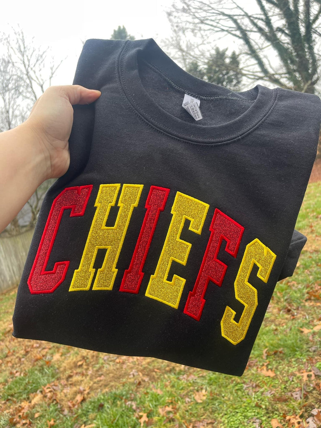 Varsity Two Color Glitter Applique with Name and Icon on Sleeve Embroidered CC Short Sleeve or Sweatshirt