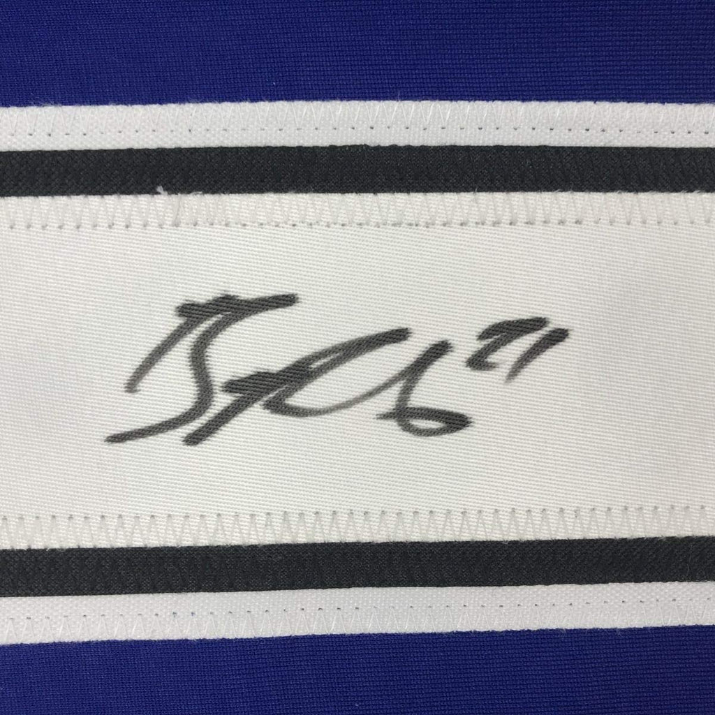 Framed Autographed/Signed Brayden Point 35x39 Tampa Bay Blue Hockey Jersey JSA COA