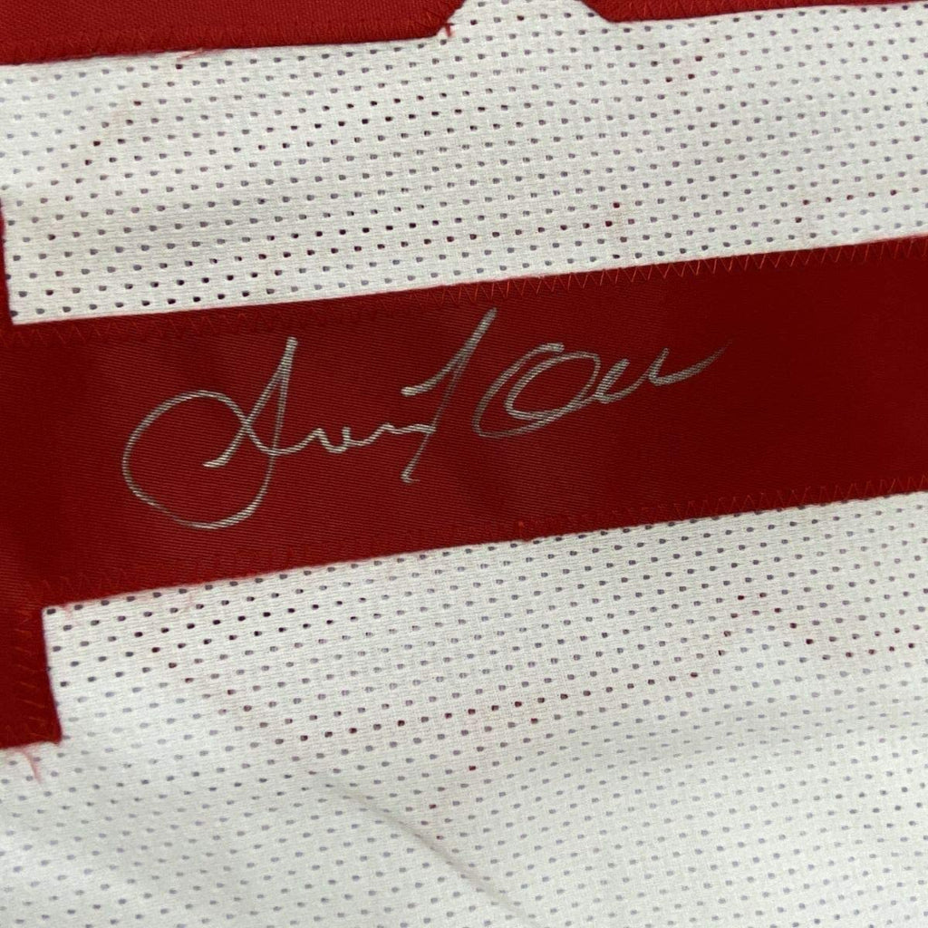 Framed Autographed/Signed Amani Toomer 35x39 New York White Football Jersey PSA/DNA COA