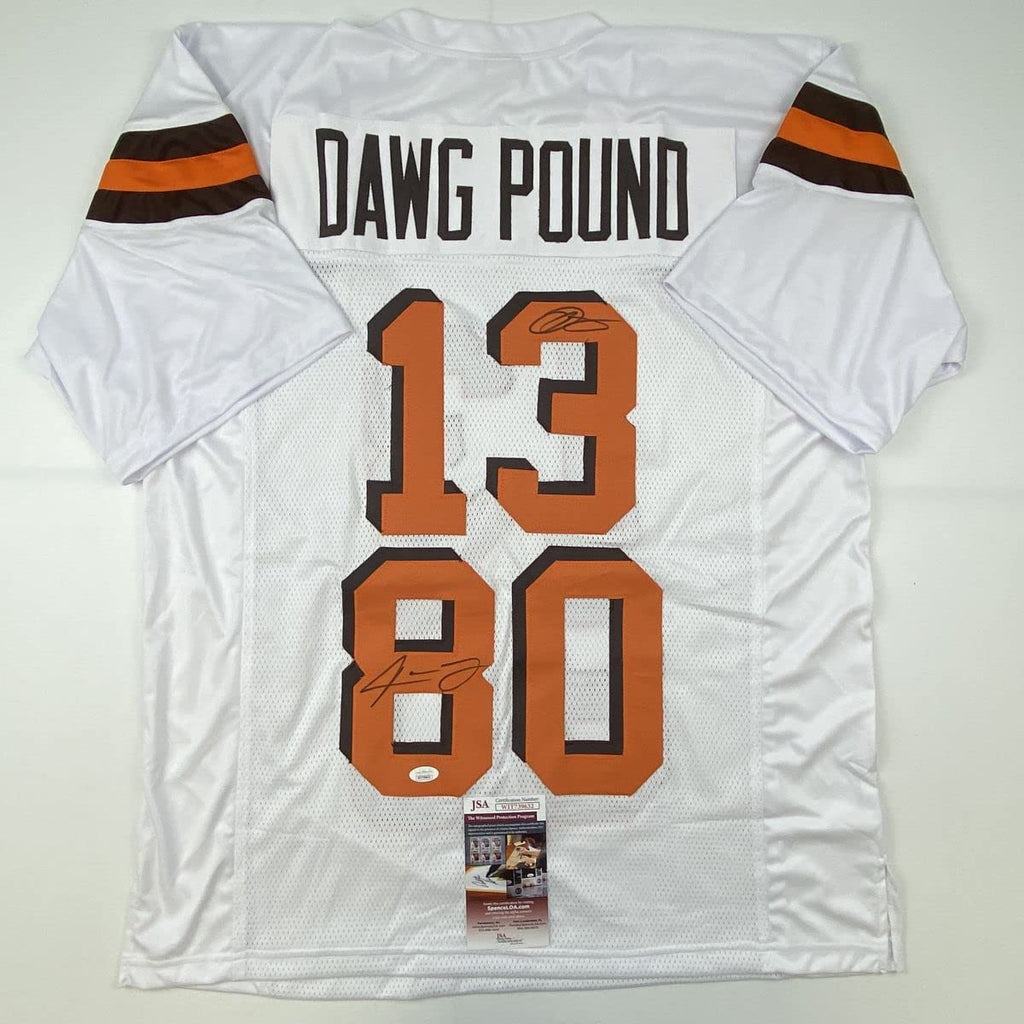 Autographed/Signed Odell Beckham Jr. & Jarvis Landry Cleveland White Football Jersey JSA COA