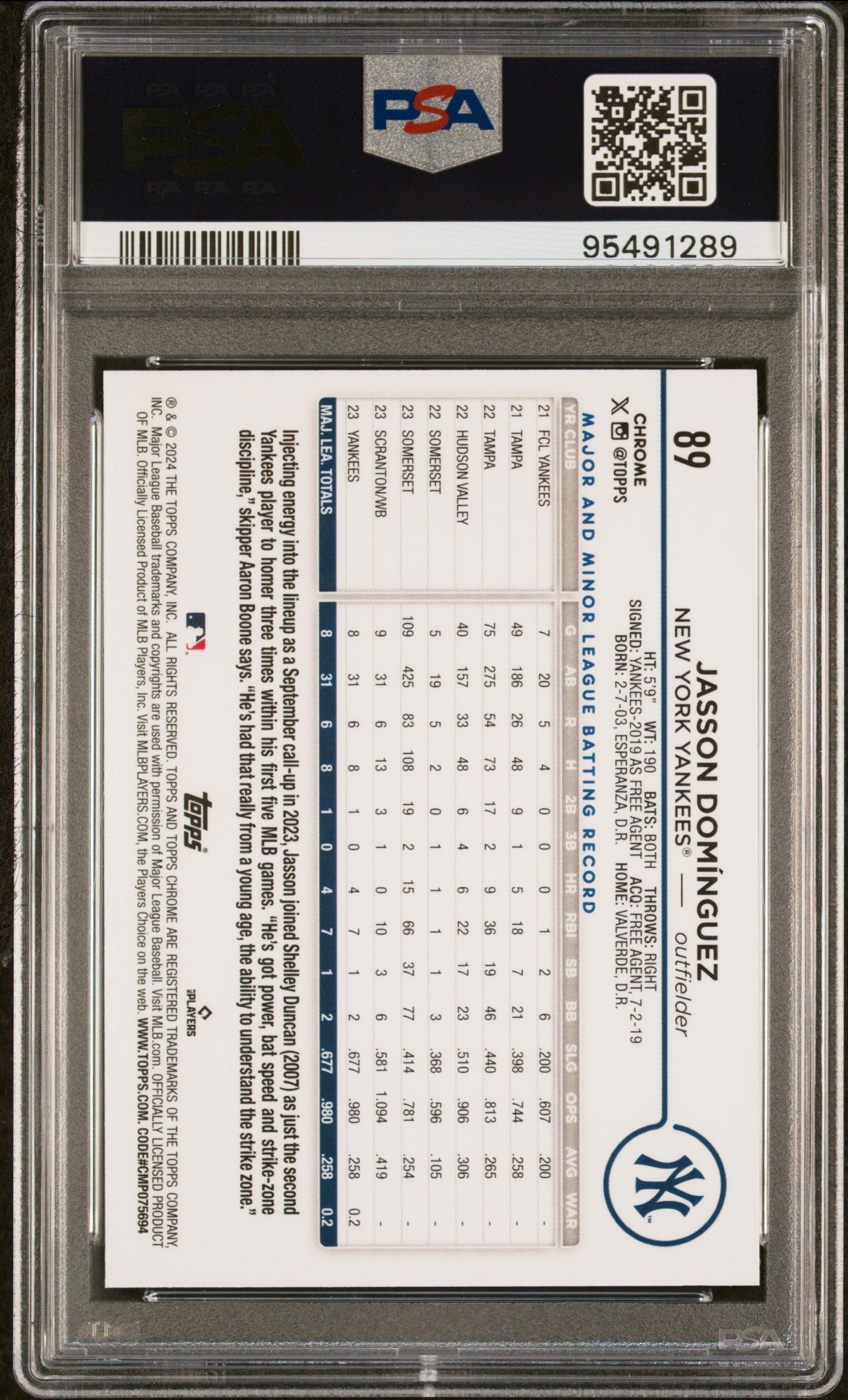Graded 2024 Topps Chrome Jasson Dominguez #89 Rookie RC Baseball Card PSA 10 Gem Mint