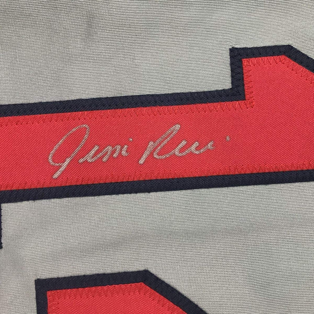 Framed Autographed/Signed Jim Rice 35x39 Boston Grey Baseball Jersey JSA COA