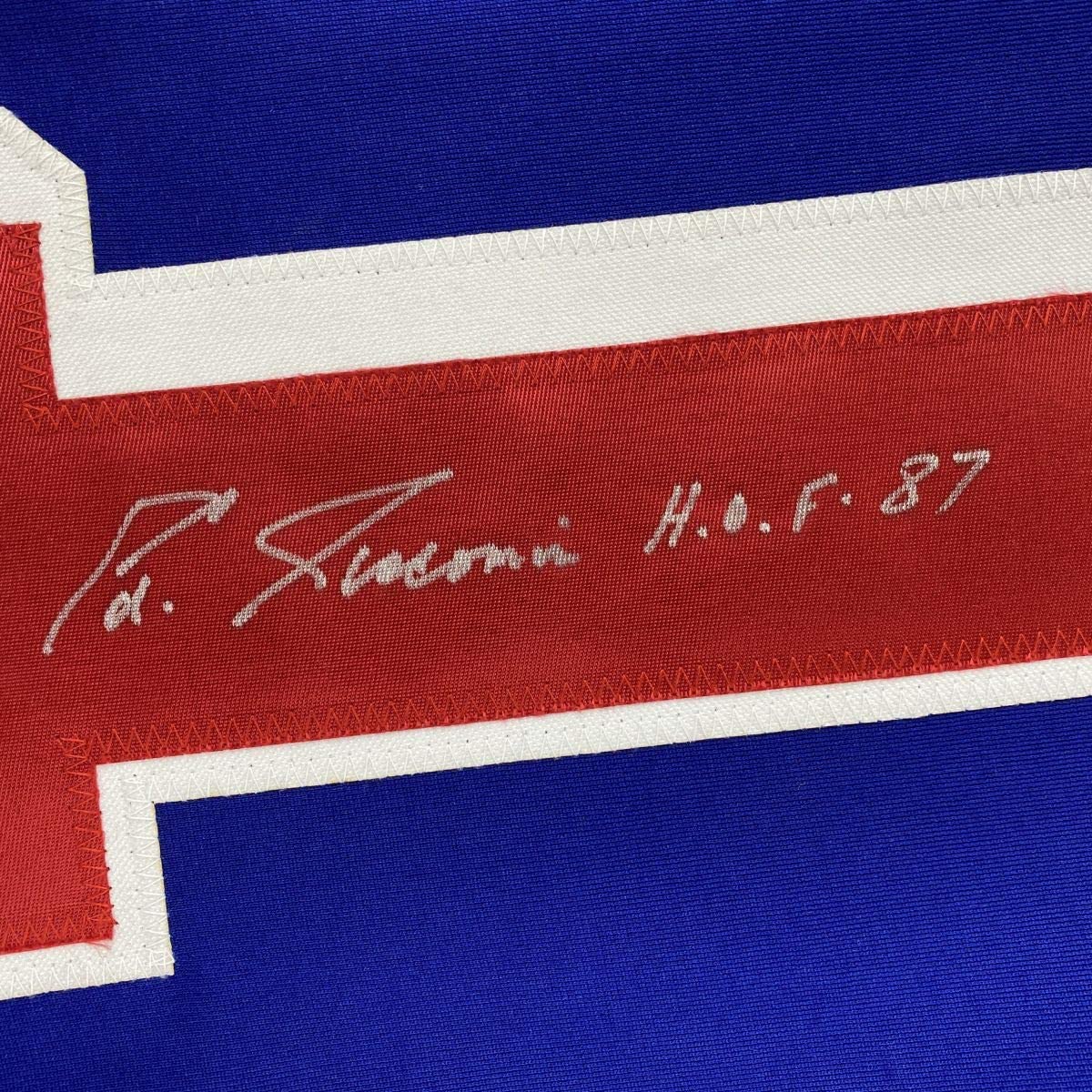 Autographed/Signed Eddie Giacomin HOF 87 New York Blue Hockey Jersey JSA COA