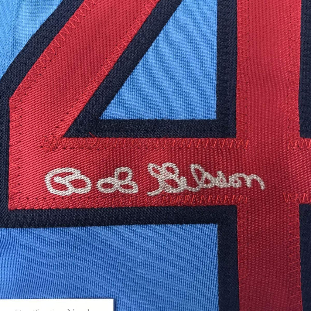 Framed Autographed/Signed Bob Gibson 35x39 St. Louis Blue Baseball Jersey JSA COA