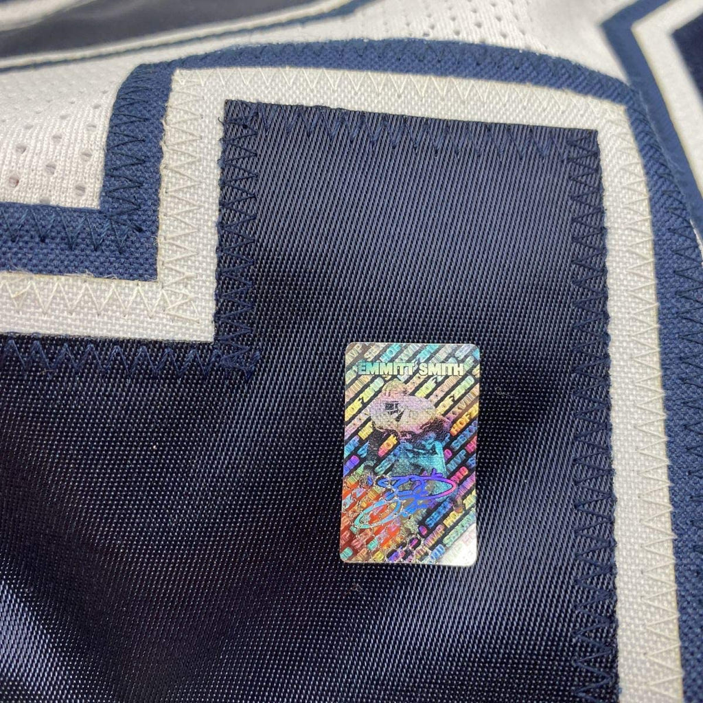 Autographed/Signed Emmitt Smith Dallas White Football Jersey GTSM COA Hologram Only