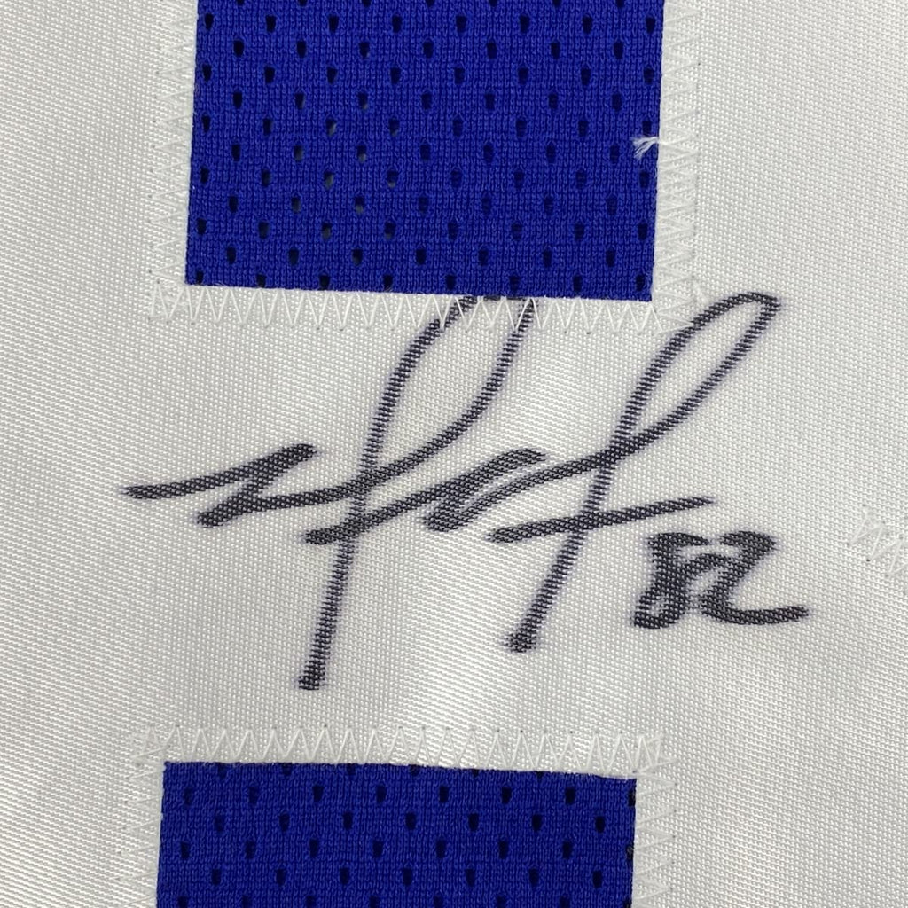 Autographed/Signed Mario Manningham New York Blue Football Jersey JSA COA