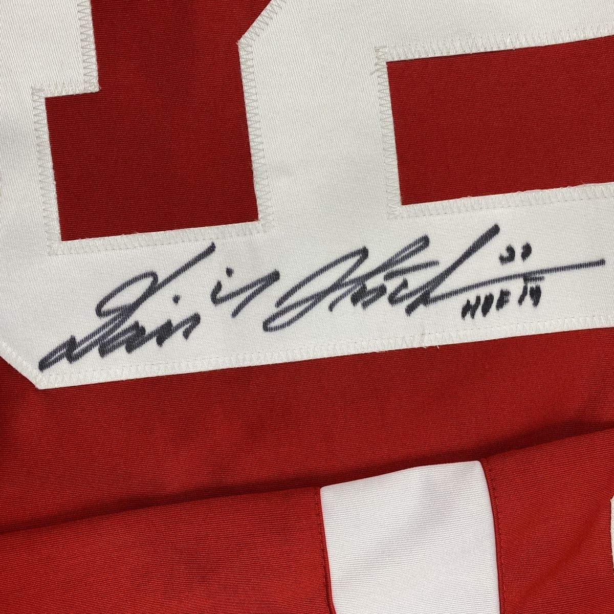 Autographed/Signed Dominik Hasek HOF 19 Detroit Red Hockey Jersey JSA COA