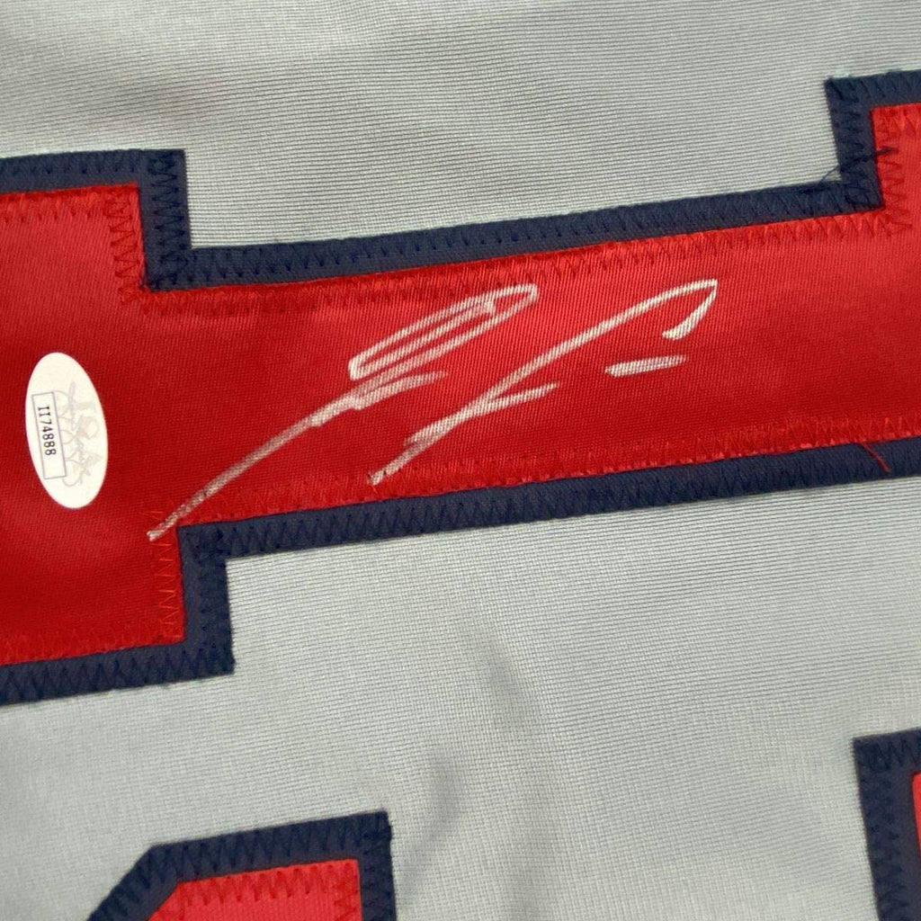 Autographed/Signed Ronald Acuna Jr. Atlanta Grey Baseball Jersey JSA COA