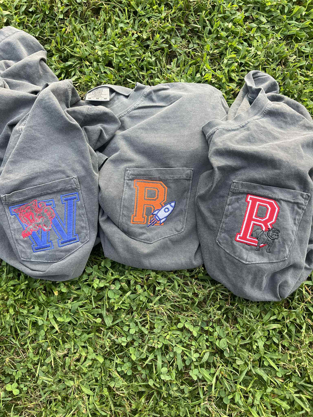 Letter and Outline Mascot Embroidered Comfort Color Pocket Tee