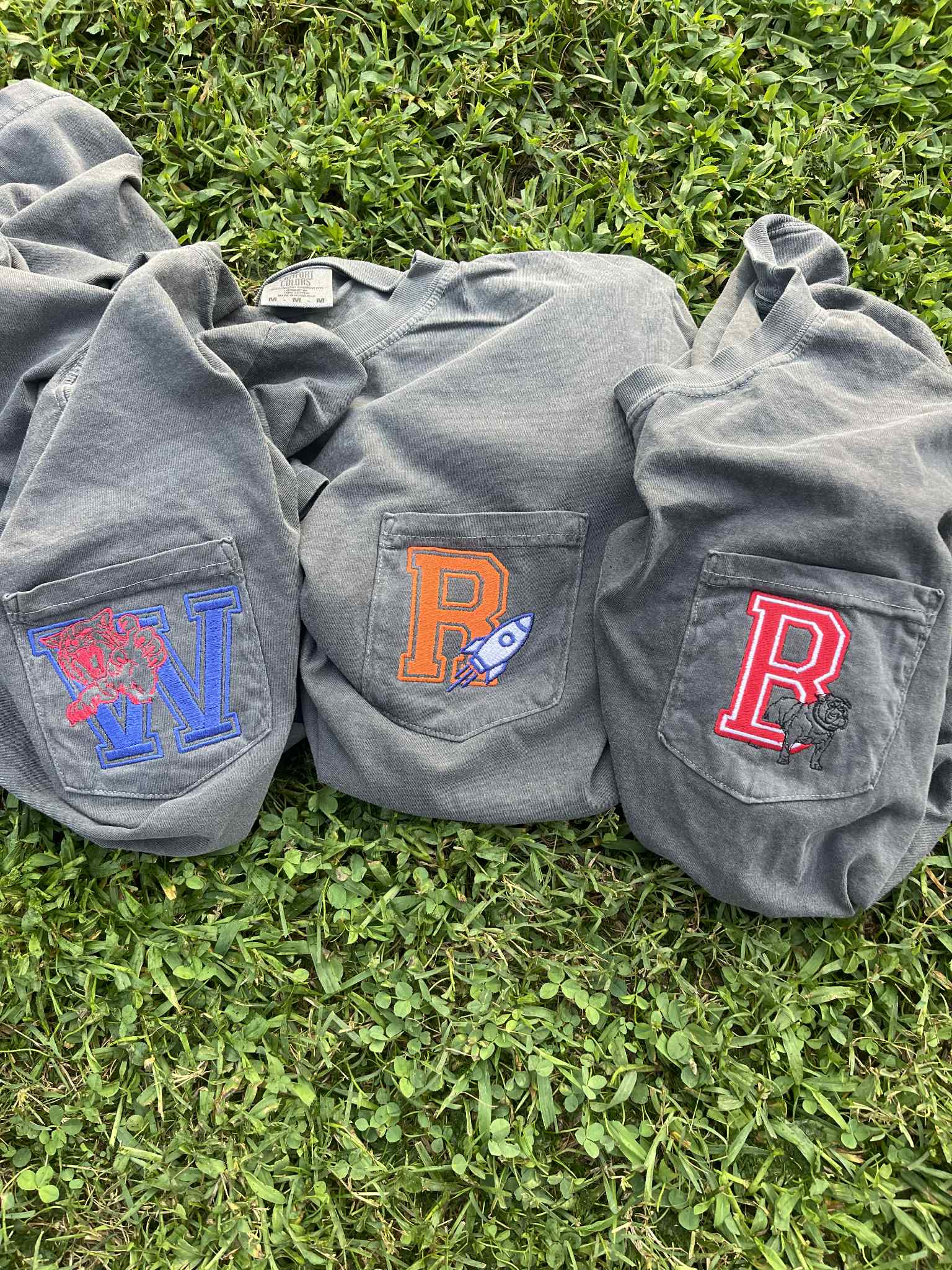 Letter and Outline Mascot Embroidered Comfort Color Pocket Tee
