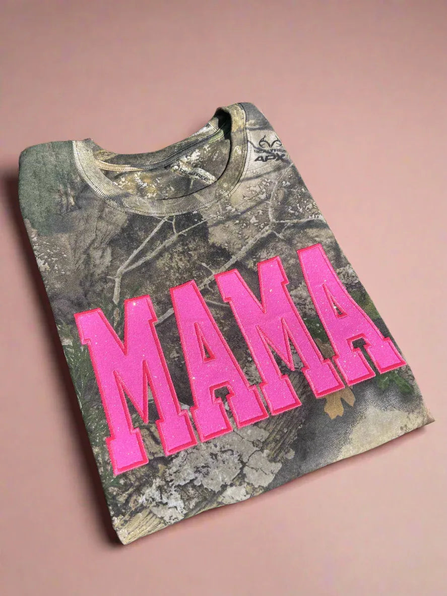 Neon Pink Mama Glitter Applique Embroidered Realtree Camo T-Shirt
