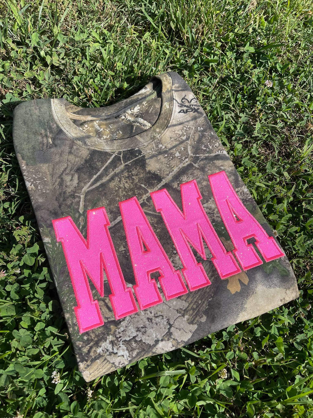 Neon Pink Mama Glitter Applique Embroidered Realtree Camo T-Shirt