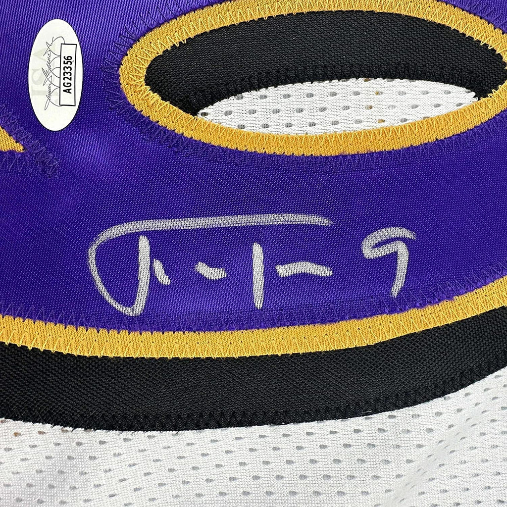 Framed Autographed/Signed Justin Tucker 35x39 Baltimore White Football Jersey JSA COA