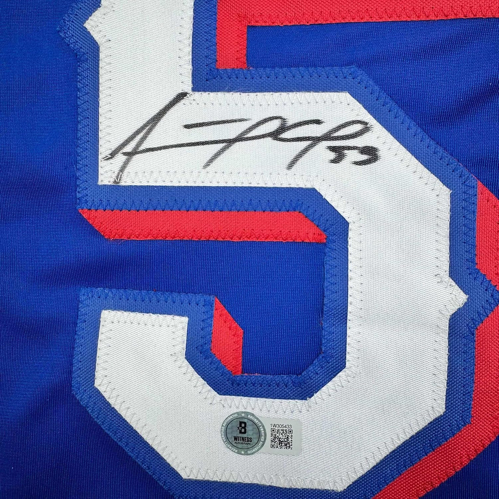 Framed Autographed/Signed Adolis Garcia 35x39 Texas Blue Baseball Jersey Beckett BAS COA