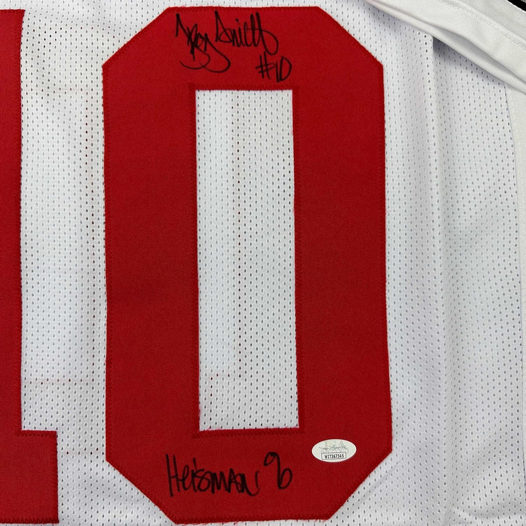 Framed Autographed/Signed Troy Smith 35x39 Heisman 06 Ohio State White College Football Jersey JSA COA