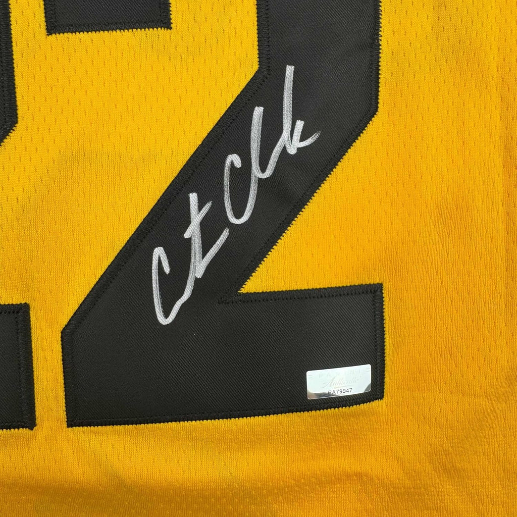 Framed Autographed/Signed Caitlin Clark 35x39 Iowa Yellow Basketball Jersey Panini COA