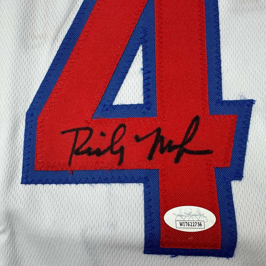 Framed Autographed/Signed Rick Mahorn 35x39 Detroit White Basketball Jersey JSA COA