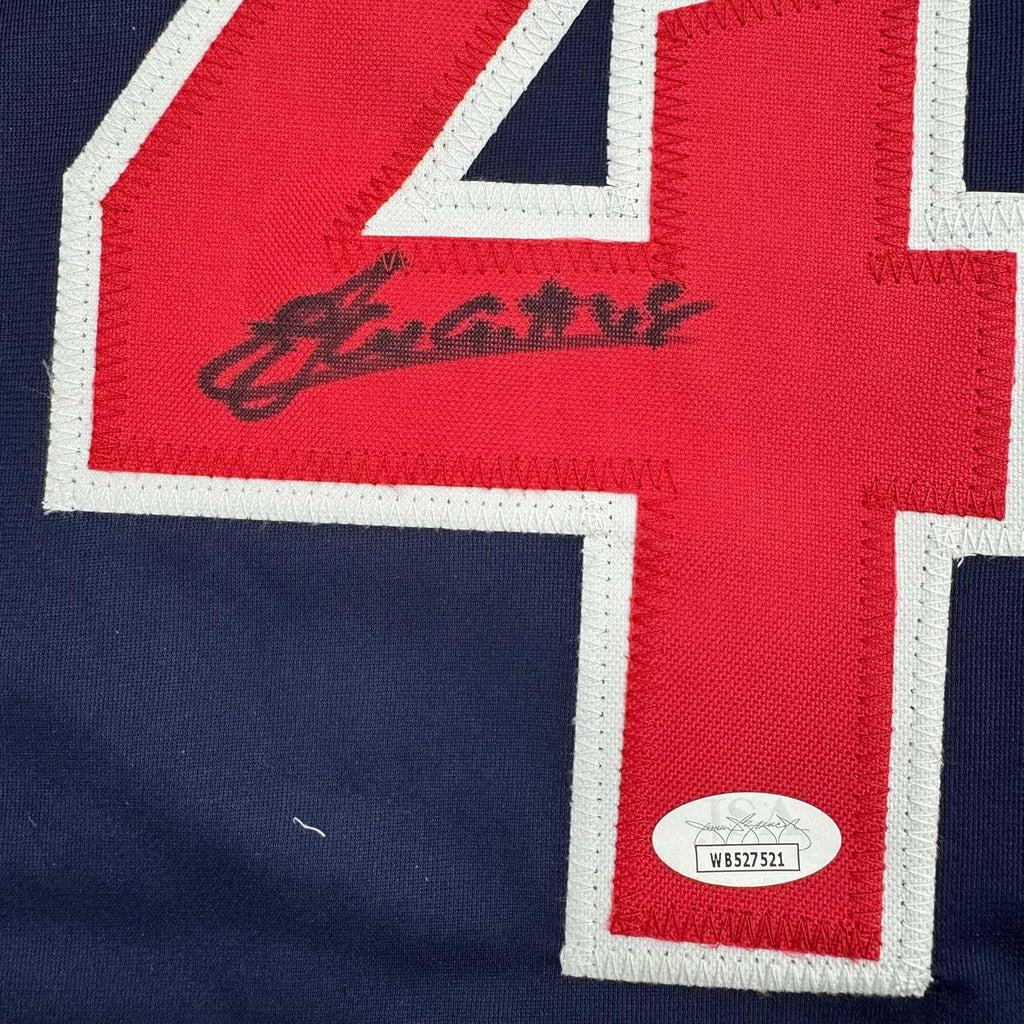Framed Autographed/Signed Emmanuel Clase 35x39 Cleveland Blue Baseball Jersey JSA COA