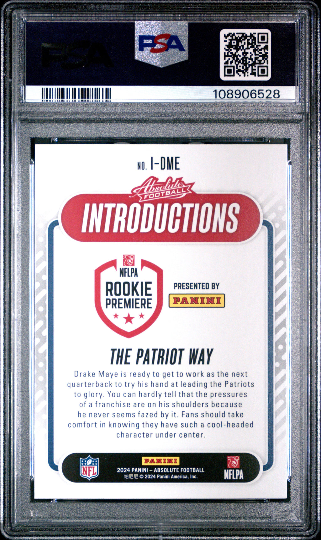 Graded 2024 Panini Absolute Drake Maye #IDME Introductions Rookie RC Football Card PSA 9 Mint