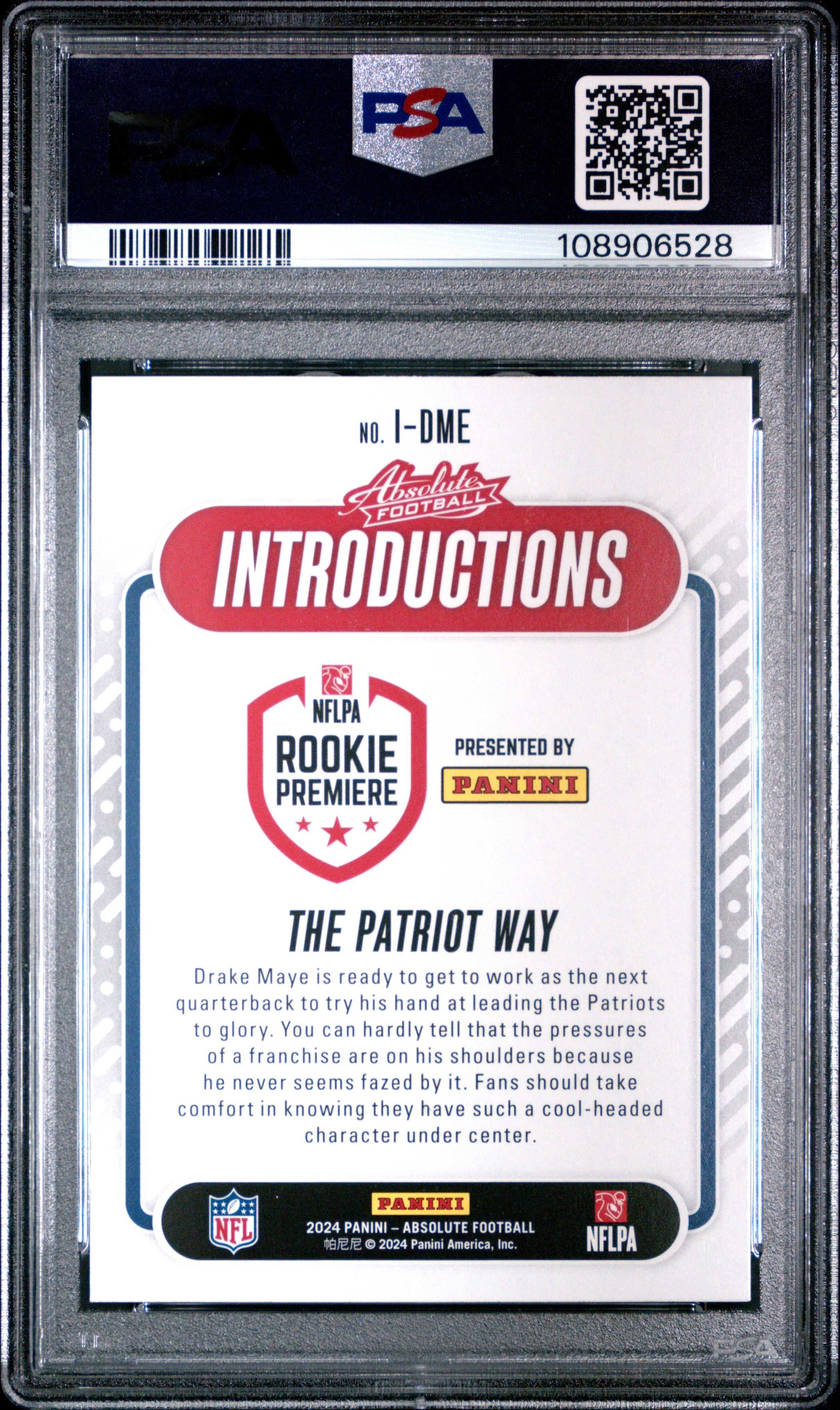 Graded 2024 Panini Absolute Drake Maye #IDME Introductions Rookie RC Football Card PSA 9 Mint