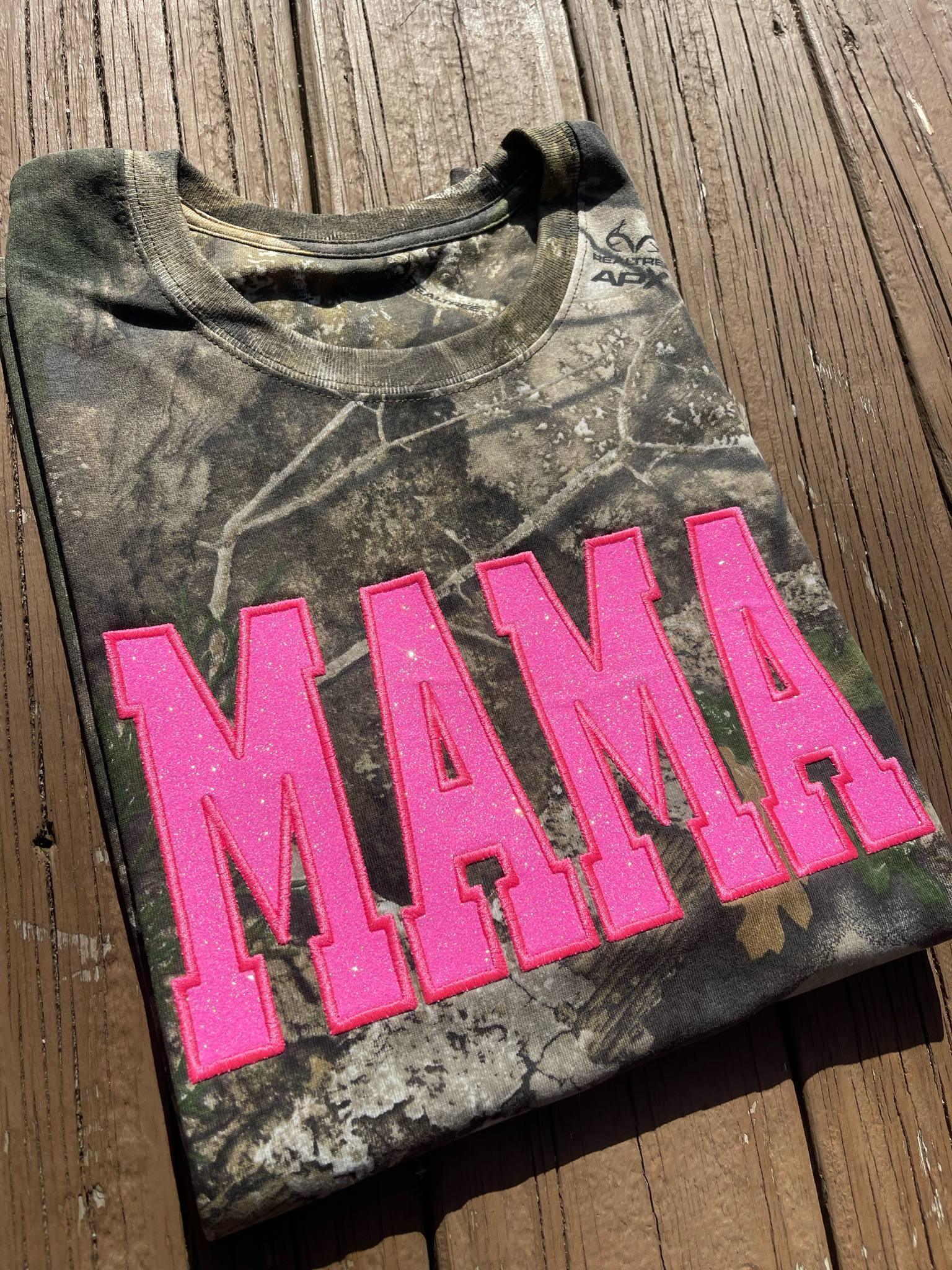 Neon Pink Mama Glitter Applique Embroidered Realtree Camo T-Shirt