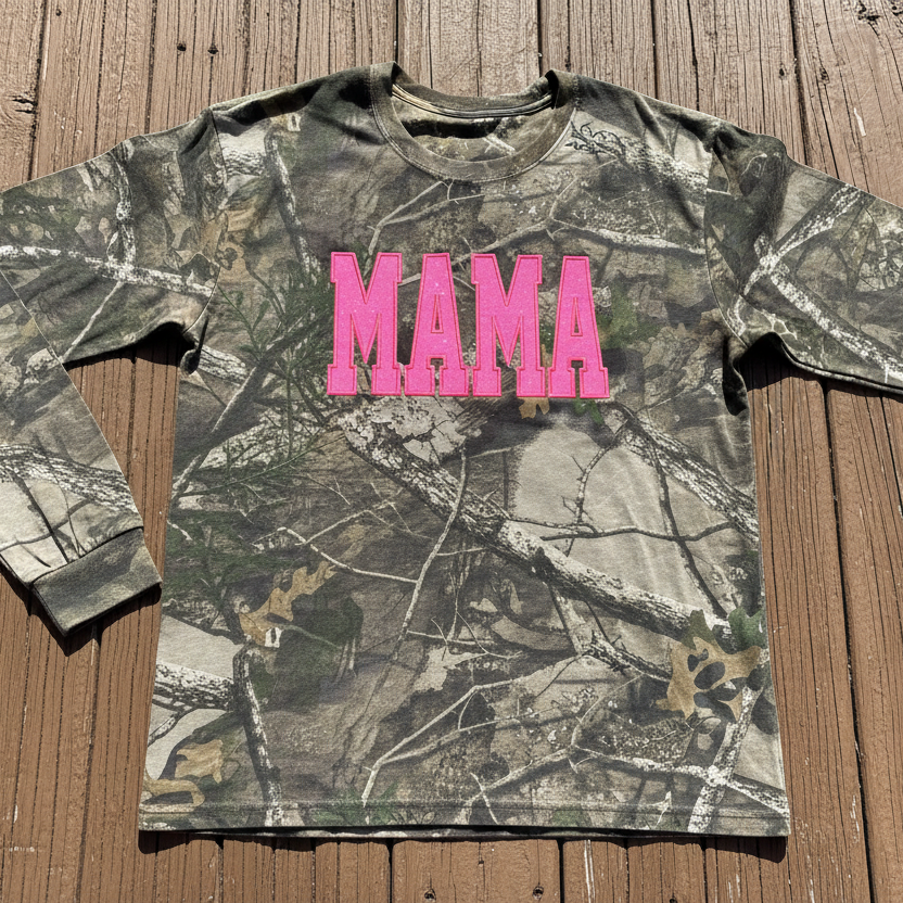 Neon Pink Mama Glitter Applique Embroidered Realtree Camo T-Shirt